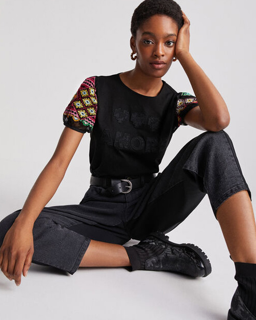 DESIGUAL EMBROIDERED SLEEVE TOP 5 Womens Clothing & Fashion   Online & Offline
