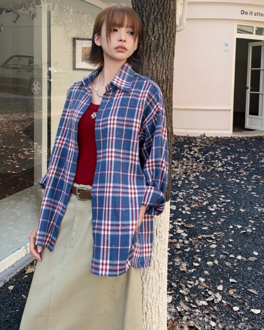 MELANI OVERSIZE CHECK SHIRT WITH RHINESTONE