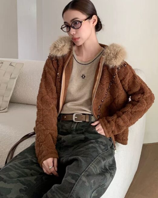 MELANI FAUX FUR HOOD TRIM KNIT JACKET