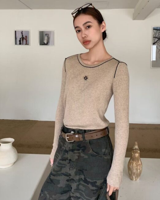 MELANI ANTI-PILLING SILK-WOOL BLEND RIB KNIT TOP